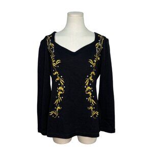 L'EAU VIVE Black Knit Top With Yellow Embroidery V-Neck Long Sleeve Womens Size